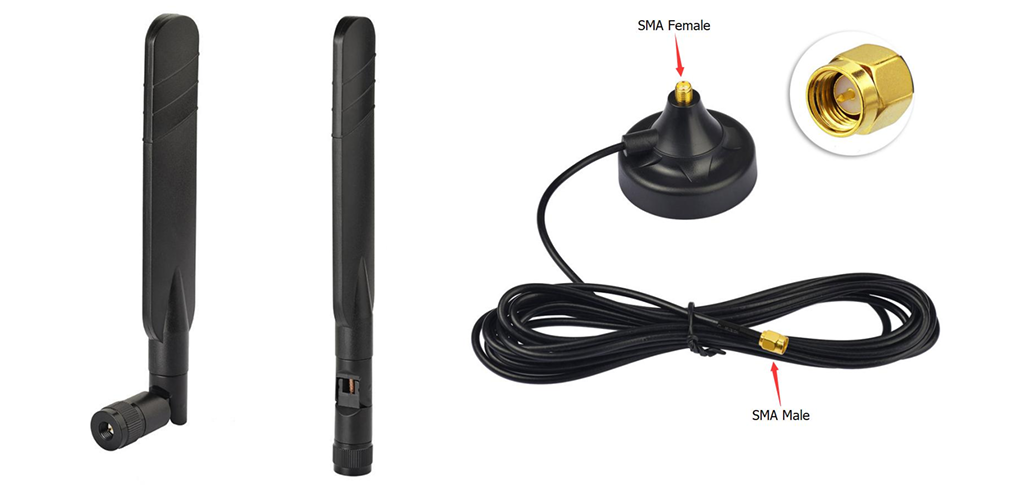 5G Rubber Duck Antenna SMA Male Connector (left) and magnetic antenna base (right)